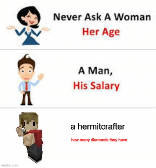 hermitcrafters | a hermitcrafter; how many diamonds they have | image tagged in never ask a woman her age | made w/ Imgflip meme maker