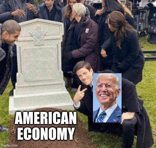 Grant Gustin over grave | AMERICAN ECONOMY | image tagged in grant gustin over grave | made w/ Imgflip meme maker
