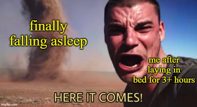 Sleep time | finally falling asleep; me after laying in bed for 3+ hours | image tagged in here it comes,memes,relatable memes | made w/ Imgflip meme maker