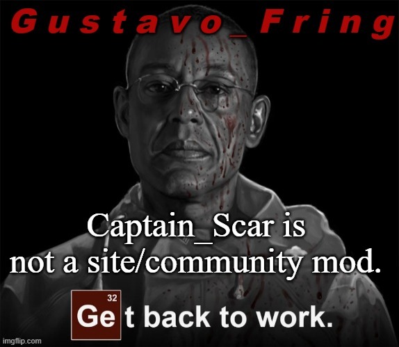 Gustavo Fring template | Captain_Scar is not a site/community mod. | image tagged in gustavo fring template | made w/ Imgflip meme maker