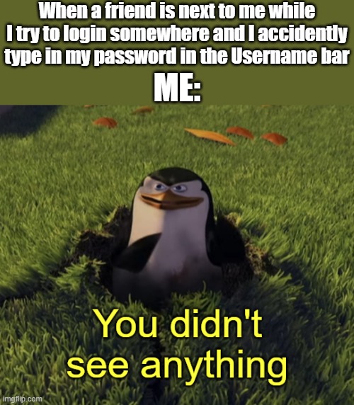 Best Friend Things | When a friend is next to me while I try to login somewhere and I accidently type in my password in the Username bar; ME: | image tagged in you didn't see anything | made w/ Imgflip meme maker