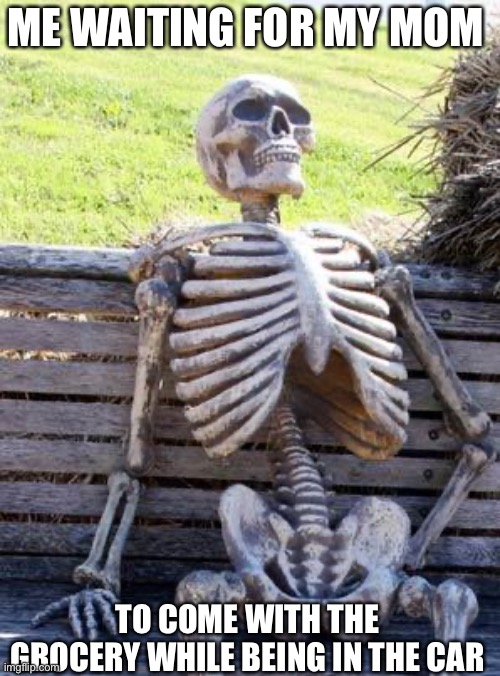 Waiting Skeleton | ME WAITING FOR MY MOM; TO COME WITH THE GROCERY WHILE BEING IN THE CAR | image tagged in memes,waiting skeleton | made w/ Imgflip meme maker