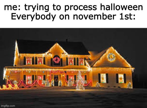 i don't do christmas decoration until december | me: trying to process halloween
Everybody on november 1st: | image tagged in christmas lights | made w/ Imgflip meme maker
