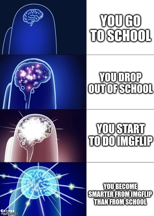 Funny is meme | YOU GO TO SCHOOL; YOU DROP OUT OF SCHOOL; YOU START TO DO IMGFLIP; YOU BECOME SMARTER FROM IMGFLIP THAN FROM SCHOOL | image tagged in funny,funny memes | made w/ Imgflip meme maker