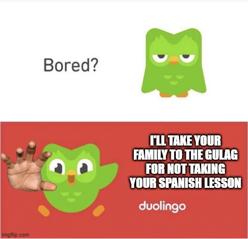 Nah fr tho | I'LL TAKE YOUR FAMILY TO THE GULAG
FOR NOT TAKING YOUR SPANISH LESSON | image tagged in duolingo bored | made w/ Imgflip meme maker