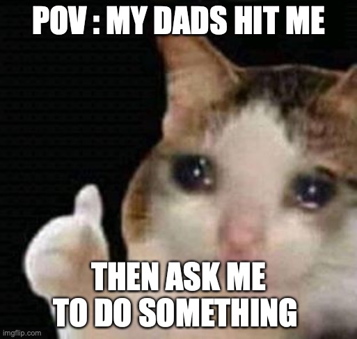 sad thumbs up cat | POV : MY DADS HIT ME; THEN ASK ME TO DO SOMETHING | image tagged in sad thumbs up cat | made w/ Imgflip meme maker