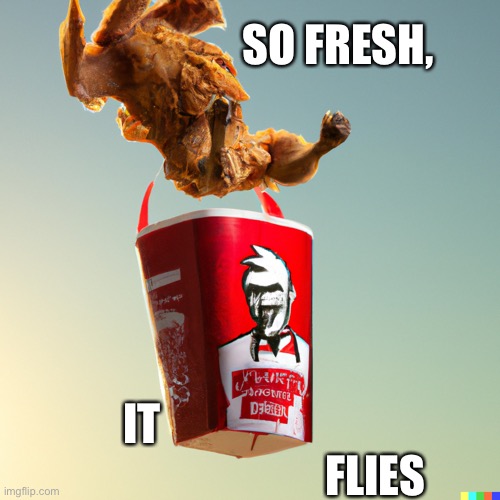 Chicken’s back |  SO FRESH, IT                                                      FLIES | image tagged in silly,chicken,kfc | made w/ Imgflip meme maker