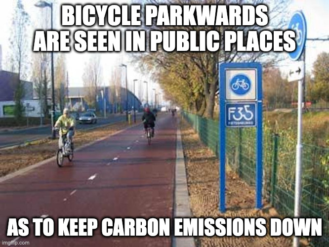 Bicycle Parkway | BICYCLE PARKWARDS ARE SEEN IN PUBLIC PLACES; AS TO KEEP CARBON EMISSIONS DOWN | image tagged in road,memes | made w/ Imgflip meme maker