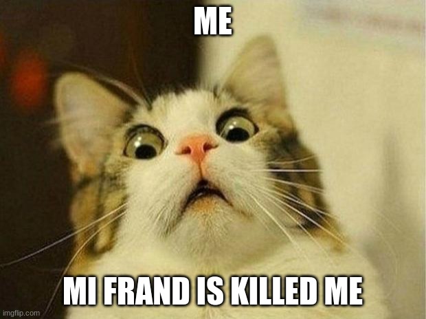 me | ME; MI FRAND IS KILLED ME | image tagged in memes,scared cat | made w/ Imgflip meme maker