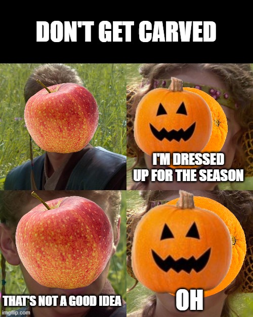 apple saved orange | DON'T GET CARVED; I'M DRESSED UP FOR THE SEASON; THAT'S NOT A GOOD IDEA; OH | image tagged in anakin padme 4 panel | made w/ Imgflip meme maker