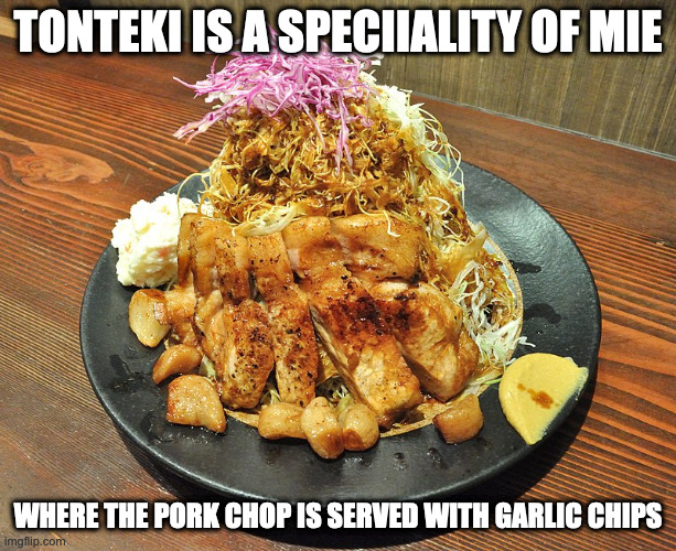 Tonteki | TONTEKI IS A SPECIIALITY OF MIE; WHERE THE PORK CHOP IS SERVED WITH GARLIC CHIPS | image tagged in food,memes | made w/ Imgflip meme maker