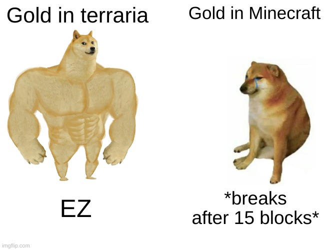 Buff Doge vs. Cheems | Gold in terraria; Gold in Minecraft; EZ; *breaks after 15 blocks* | image tagged in memes,buff doge vs cheems | made w/ Imgflip meme maker