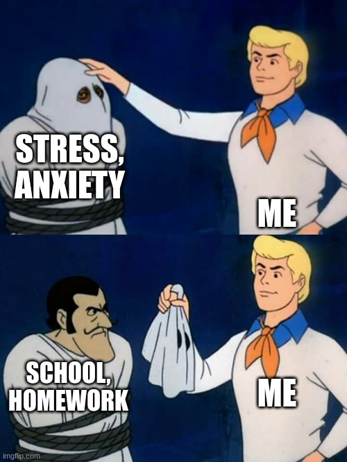 ha ha he he ho ho my troubles | STRESS, ANXIETY; ME; ME; SCHOOL, HOMEWORK | image tagged in scooby doo mask reveal | made w/ Imgflip meme maker