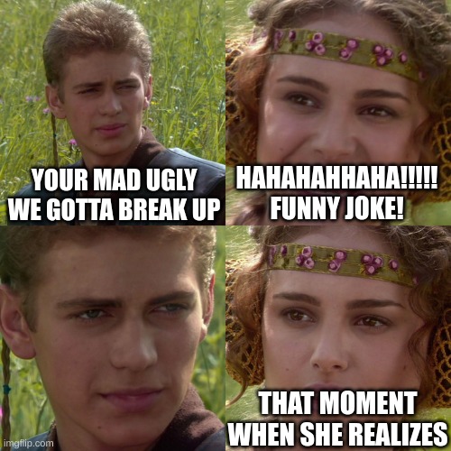 cream cheeks | YOUR MAD UGLY WE GOTTA BREAK UP; HAHAHAHHAHA!!!!! FUNNY JOKE! THAT MOMENT WHEN SHE REALIZES | image tagged in anakin padme 4 panel,that moment,its over | made w/ Imgflip meme maker