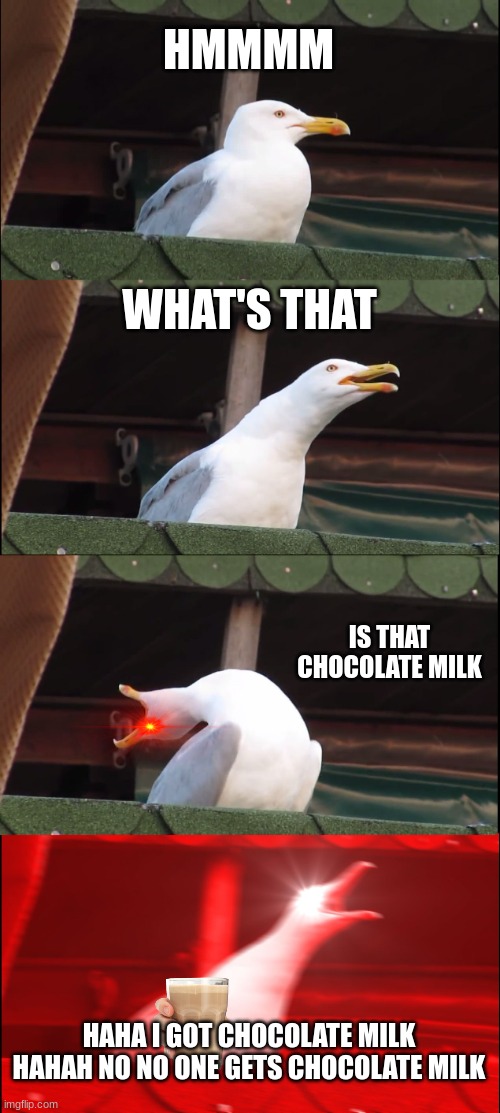 Inhaling Seagull | HMMMM; WHAT'S THAT; IS THAT CHOCOLATE MILK; HAHA I GOT CHOCOLATE MILK HAHAH NO NO ONE GETS CHOCOLATE MILK | image tagged in memes,inhaling seagull | made w/ Imgflip meme maker