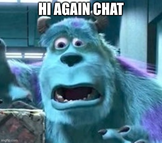 distressed sully | HI AGAIN CHAT | image tagged in distressed sully | made w/ Imgflip meme maker