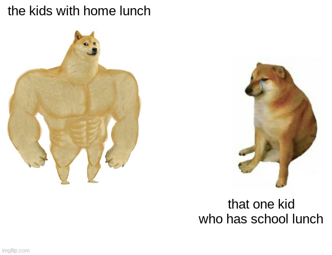 Buff Doge vs. Cheems Meme | the kids with home lunch; that one kid who has school lunch | image tagged in memes,buff doge vs cheems | made w/ Imgflip meme maker