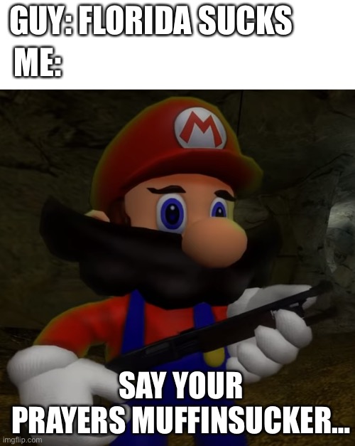 Don’t make me do it to you… | GUY: FLORIDA SUCKS; ME:; SAY YOUR PRAYERS MUFFINSUCKER… | image tagged in mario with shotgun | made w/ Imgflip meme maker