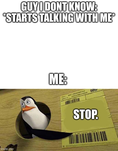 :,) | GUY I DONT KNOW: *STARTS TALKING WITH ME*; ME:; STOP. | image tagged in blank white template,penguin pointing at sign | made w/ Imgflip meme maker