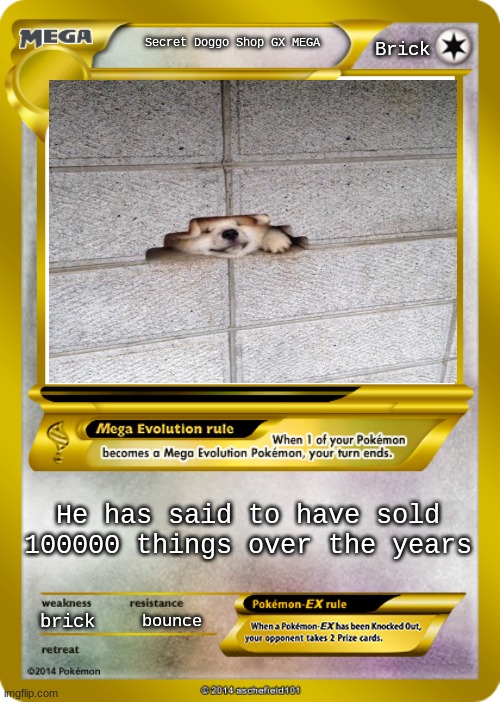 Secret doggo shop | Brick; Secret Doggo Shop GX MEGA; He has said to have sold 100000 things over the years; brick; bounce | image tagged in memes,funny | made w/ Imgflip meme maker