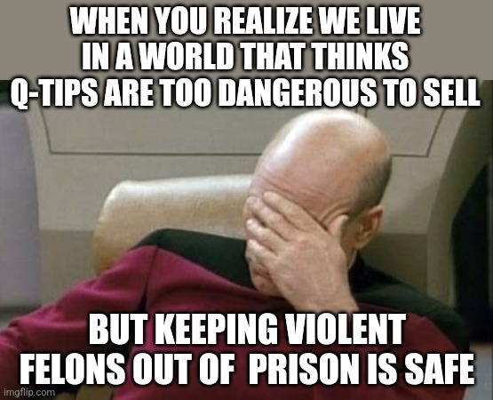 Safety is such a relative term... | WHEN YOU REALIZE WE LIVE IN A WORLD THAT THINKS Q-TIPS ARE TOO DANGEROUS TO SELL; BUT KEEPING VIOLENT FELONS OUT OF  PRISON IS SAFE | image tagged in captain picard facepalm,safety,prison,what do we want,good idea/bad idea | made w/ Imgflip meme maker