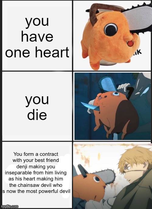 You form a contract with your best friend denji making you inseparable from him living as his heart making him the chainsaw devil who is now the most powerful devil | made w/ Imgflip meme maker