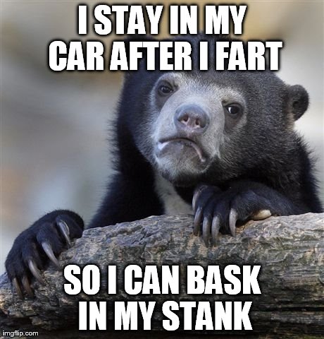 Confession Bear | I STAY IN MY CAR AFTER I FART SO I CAN BASK IN MY STANK | image tagged in memes,confession bear,AdviceAnimals | made w/ Imgflip meme maker