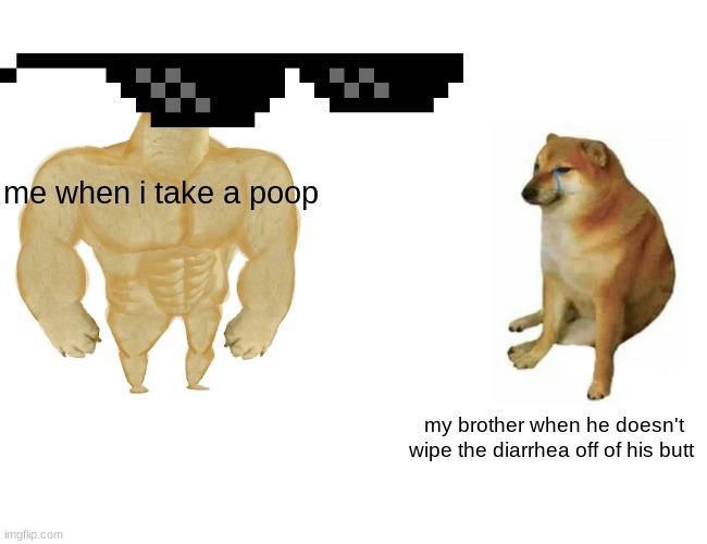 comparing | me when i take a poop; my brother when he doesn't wipe the diarrhea off of his butt | image tagged in memes,buff doge vs cheems,poop | made w/ Imgflip meme maker