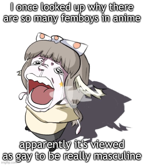 dont quote me on this | I once looked up why there are so many femboys in anime; apparently it's viewed as gay to be really masculine | image tagged in quandria crying | made w/ Imgflip meme maker