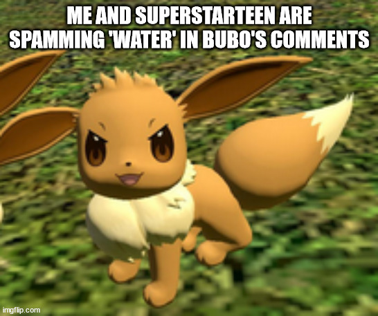 water | ME AND SUPERSTARTEEN ARE SPAMMING 'WATER' IN BUBO'S COMMENTS | image tagged in evil eevee | made w/ Imgflip meme maker