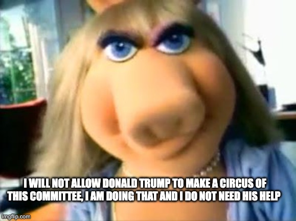 Liz Piggy fraud committee chairperson - rohb/rupe | I WILL NOT ALLOW DONALD TRUMP TO MAKE A CIRCUS OF THIS COMMITTEE, I AM DOING THAT AND I DO NOT NEED HIS HELP | image tagged in mad miss piggy,january 6th fraud committee | made w/ Imgflip meme maker