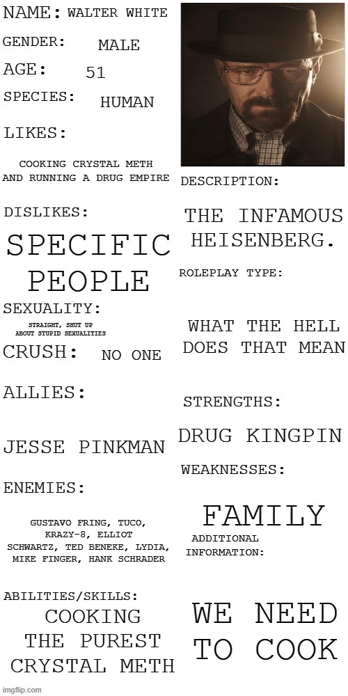 . | WALTER WHITE; MALE; 51; HUMAN; COOKING CRYSTAL METH AND RUNNING A DRUG EMPIRE; THE INFAMOUS HEISENBERG. SPECIFIC PEOPLE; WHAT THE HELL DOES THAT MEAN; STRAIGHT, SHUT UP ABOUT STUPID SEXUALITIES; NO ONE; DRUG KINGPIN; JESSE PINKMAN; FAMILY; GUSTAVO FRING, TUCO, KRAZY-8, ELLIOT SCHWARTZ, TED BENEKE, LYDIA, MIKE FINGER, HANK SCHRADER; WE NEED TO COOK; COOKING THE PUREST CRYSTAL METH | made w/ Imgflip meme maker