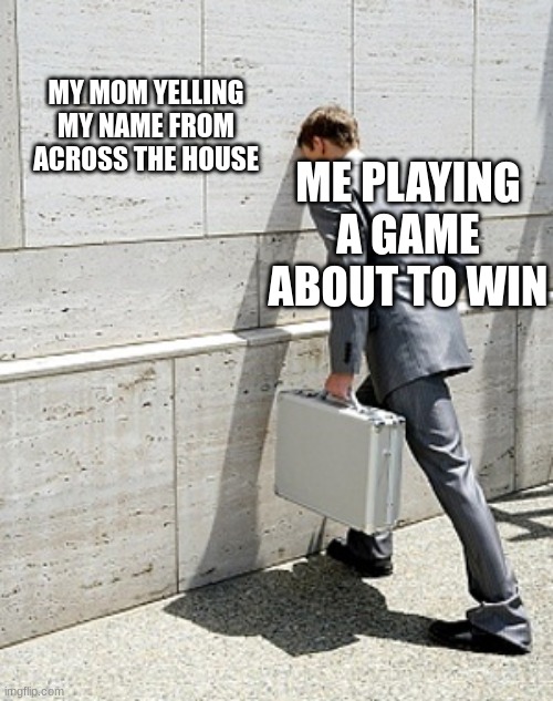 idk | MY MOM YELLING MY NAME FROM ACROSS THE HOUSE; ME PLAYING A GAME ABOUT TO WIN | image tagged in walk into wall | made w/ Imgflip meme maker