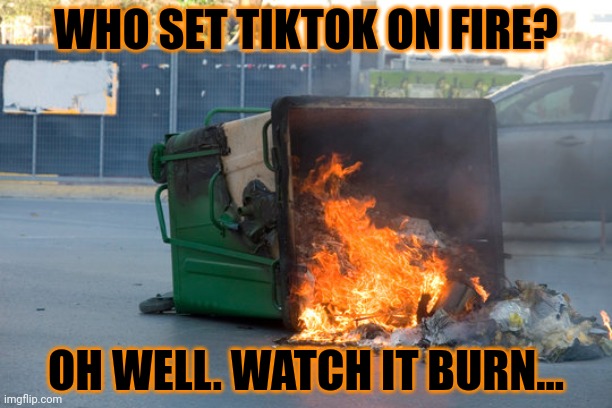 It was bound to happen eventually... | WHO SET TIKTOK ON FIRE? OH WELL. WATCH IT BURN... | image tagged in tiktok sucks,trash can,fire | made w/ Imgflip meme maker