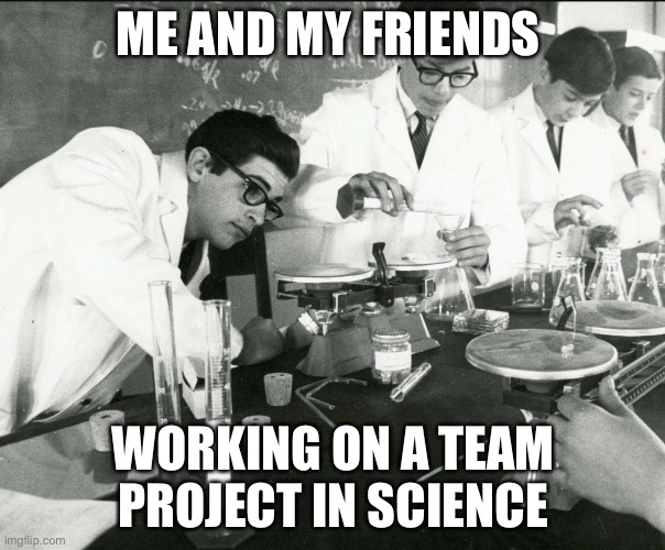 science | ME AND MY FRIENDS; WORKING ON A TEAM PROJECT IN SCIENCE | image tagged in memes | made w/ Imgflip meme maker