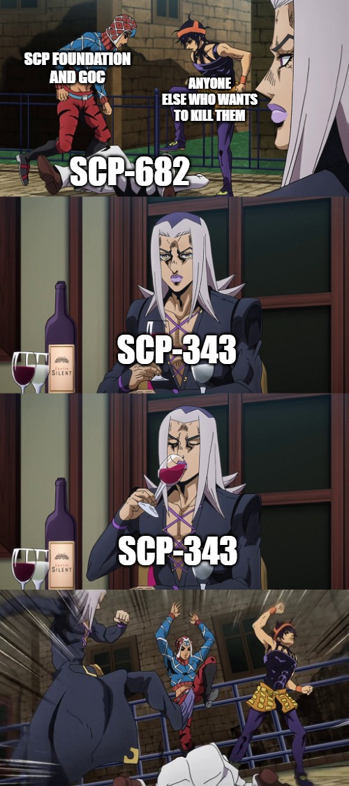 Who doesn't want this lizard dead | SCP FOUNDATION AND GOC; ANYONE ELSE WHO WANTS TO KILL THEM; SCP-682; SCP-343; SCP-343 | image tagged in abbacchio joins in the fun,scp | made w/ Imgflip meme maker
