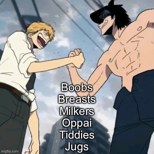 That’s all I could think of ☠️ | Boobs
Breasts
Milkers
Oppai
Tiddies
Jugs | image tagged in denji and beam | made w/ Imgflip meme maker