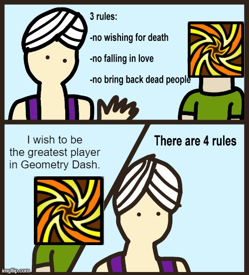 By The Way, I have a GD Account; Lightspeed2011 | I wish to be the greatest player in Geometry Dash. | image tagged in genie rules meme,geometry dash | made w/ Imgflip meme maker