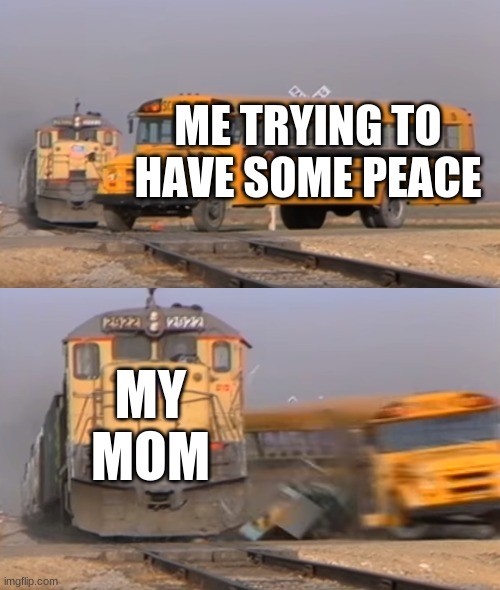 this is obviously bruh | ME TRYING TO HAVE SOME PEACE; MY MOM | image tagged in a train hitting a school bus | made w/ Imgflip meme maker