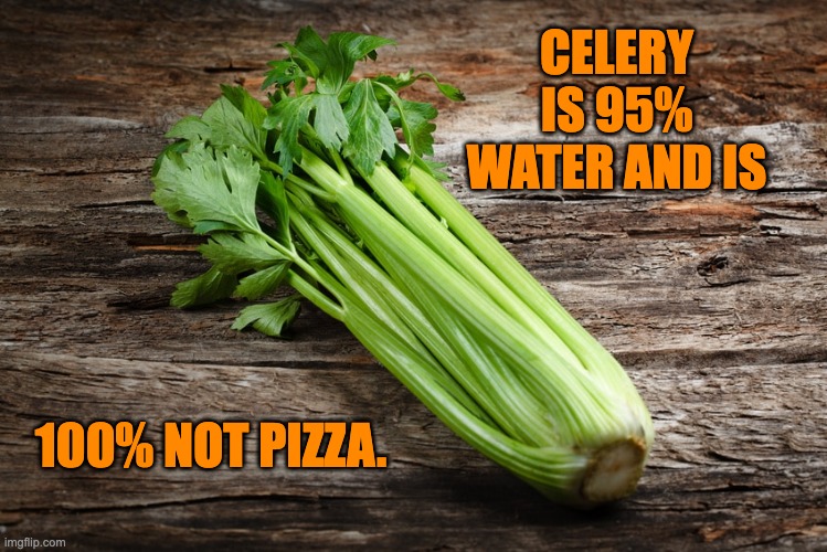 Celery | CELERY IS 95% WATER AND IS; 100% NOT PIZZA. | image tagged in dad joke | made w/ Imgflip meme maker