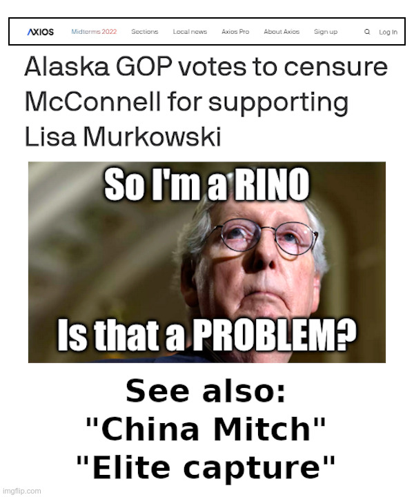 RINO Mitch McConnell | image tagged in alaska,mitch mcconnell,rino,made in china | made w/ Imgflip meme maker