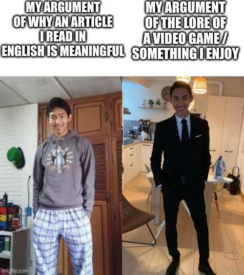 . | MY ARGUMENT OF THE LORE OF A VIDEO GAME / SOMETHING I ENJOY; MY ARGUMENT OF WHY AN ARTICLE I READ IN ENGLISH IS MEANINGFUL | image tagged in fernanfloo dresses up,video games,lore | made w/ Imgflip meme maker