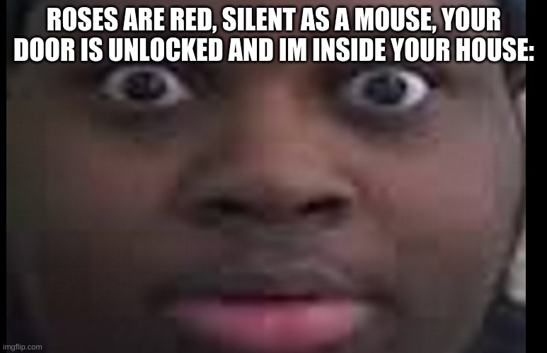 O_O | ROSES ARE RED, SILENT AS A MOUSE, YOUR DOOR IS UNLOCKED AND IM INSIDE YOUR HOUSE: | image tagged in edp stare | made w/ Imgflip meme maker