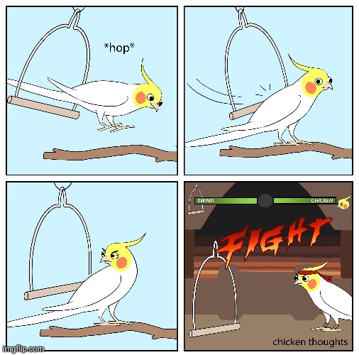 The swing vs. chicken fight | image tagged in swing,bird,fight,comic,comics,comics/cartoons | made w/ Imgflip meme maker