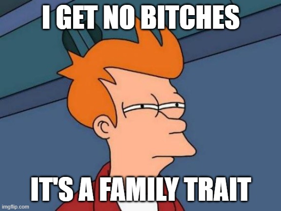 Futurama Fry Meme | I GET NO BITCHES; IT'S A FAMILY TRAIT | image tagged in memes,futurama fry | made w/ Imgflip meme maker