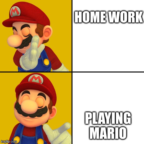 Mario/Drake template | HOME WORK; PLAYING MARIO | image tagged in mario/drake template | made w/ Imgflip meme maker