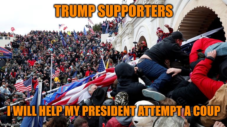 TCS trump coup supporters | TRUMP SUPPORTERS; I WILL HELP MY PRESIDENT ATTEMPT A COUP | image tagged in capitol terrorists | made w/ Imgflip meme maker