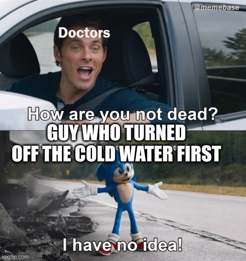 why id it so hot | GUY WHO TURNED OFF THE COLD WATER FIRST | image tagged in sanic | made w/ Imgflip meme maker
