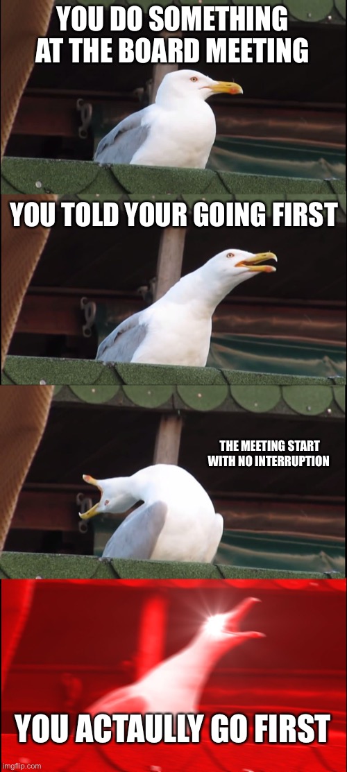 Board Meeting | YOU DO SOMETHING AT THE BOARD MEETING; YOU TOLD YOUR GOING FIRST; THE MEETING START WITH NO INTERRUPTION; YOU ACTAULLY GO FIRST | image tagged in memes,inhaling seagull | made w/ Imgflip meme maker