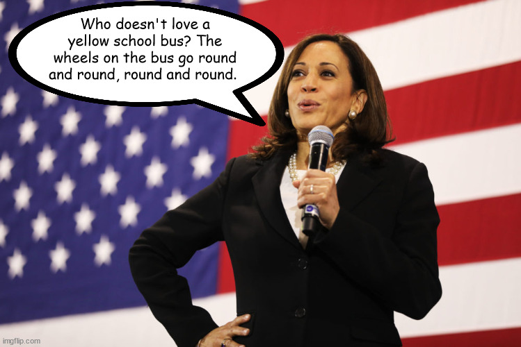 Short Bus Kamala | Who doesn't love a yellow school bus? The wheels on the bus go round and round, round and round. | image tagged in kamala harris | made w/ Imgflip meme maker